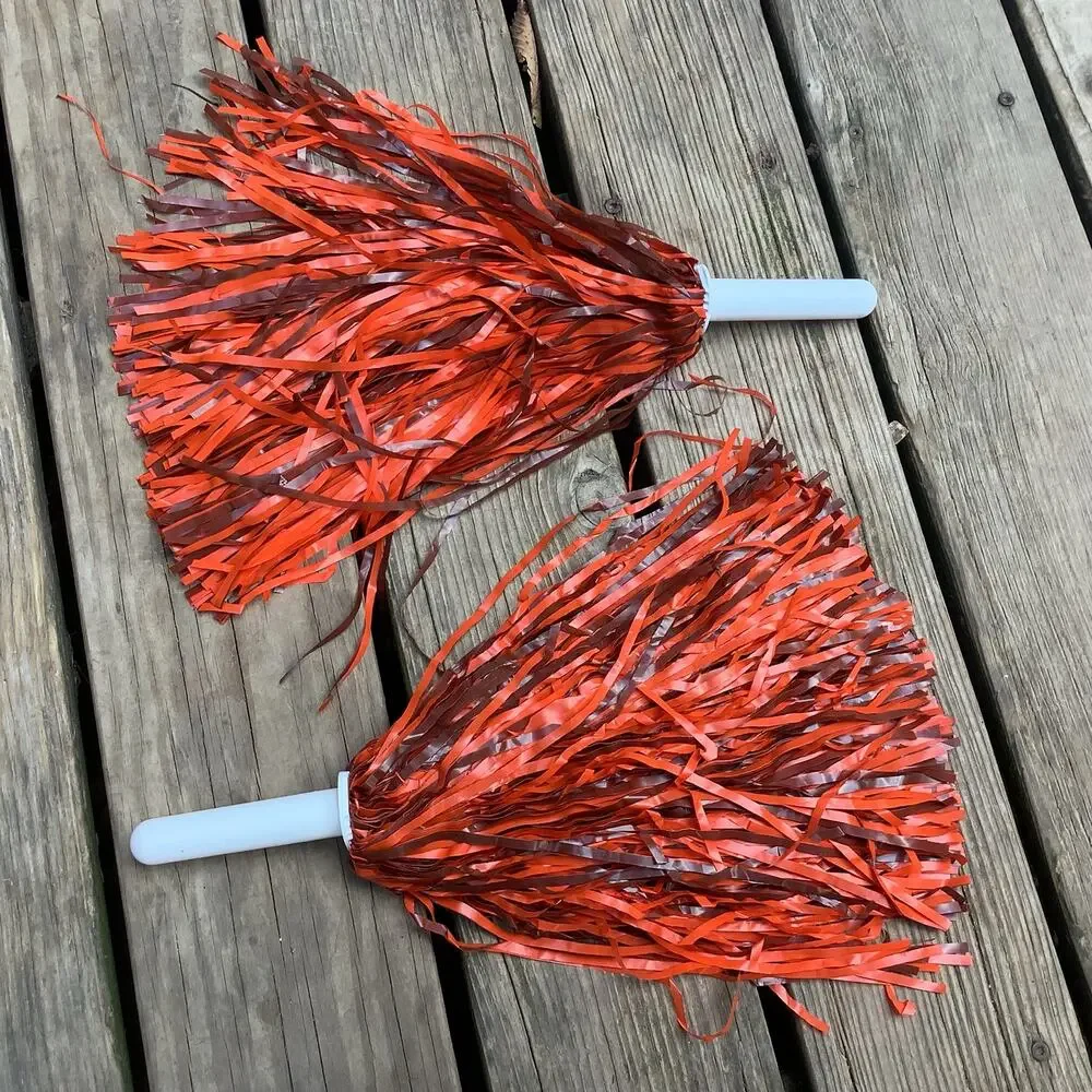 Vintage 90s Y2K Cheerleading Pom Poms Pair Orange Brown White Handle Dance Squad
